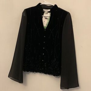 JR Nites black velvet beaded jacket with flowy sheer sleeves Size 8 NWT